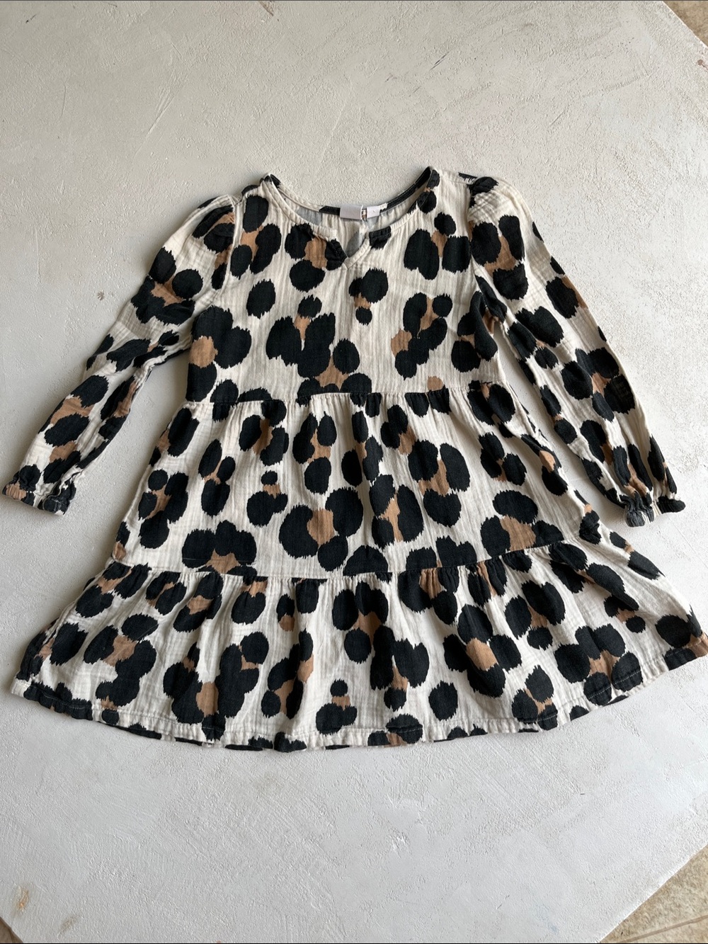 girls Gap Long-Sleeve Tiered Leopard Print Dress - Cream/Black/Tan
